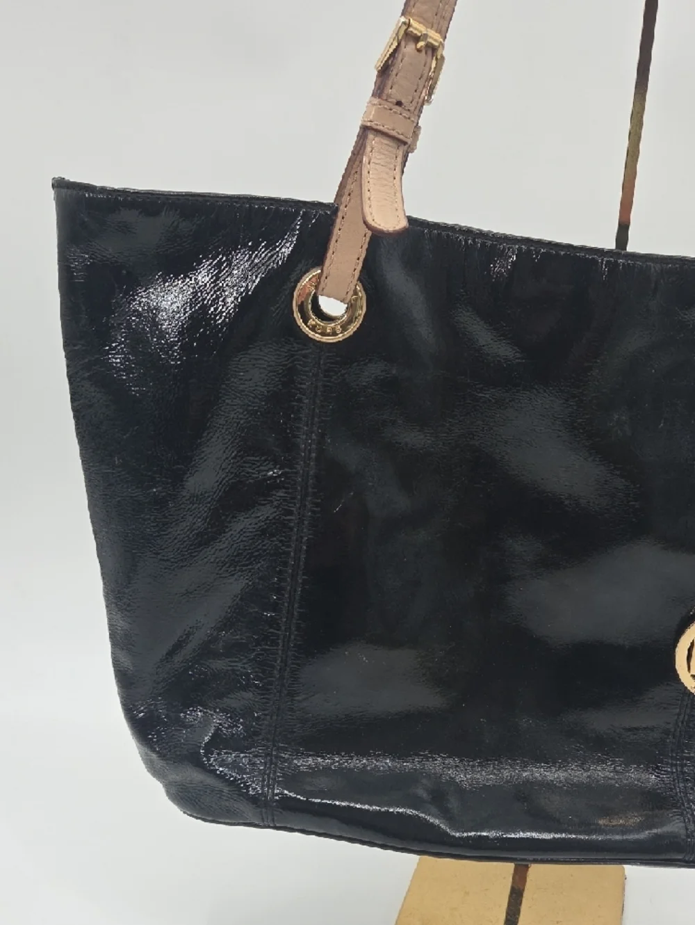 Michael Kors Black Patent Tote with Tan Straps and Gold MK Charm